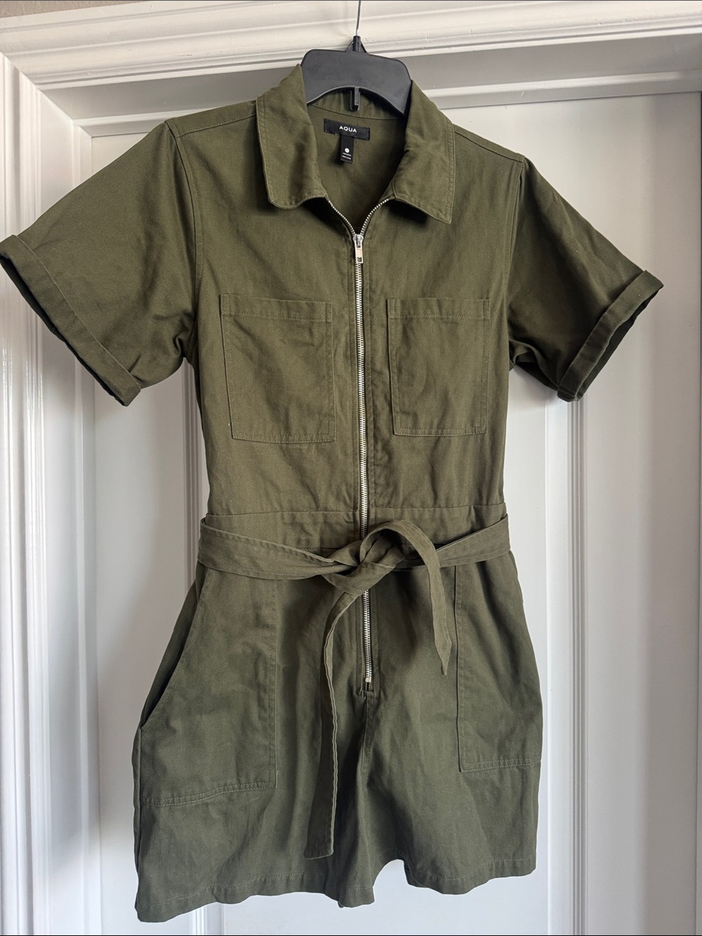 Aqua Olive Green Short Sleeve Utility Romper with Waist Tie